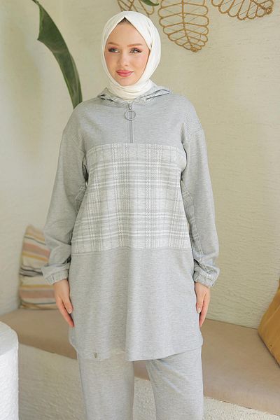 Armine Ari̇ne Trend - Gray Hooded Trousers Double Suit 24Kt619
