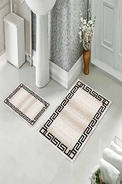 Pelangi Geometrik Çerçeveli Banyo Halısı Ikili Klozet Takımı Kaymaz Tabanlı