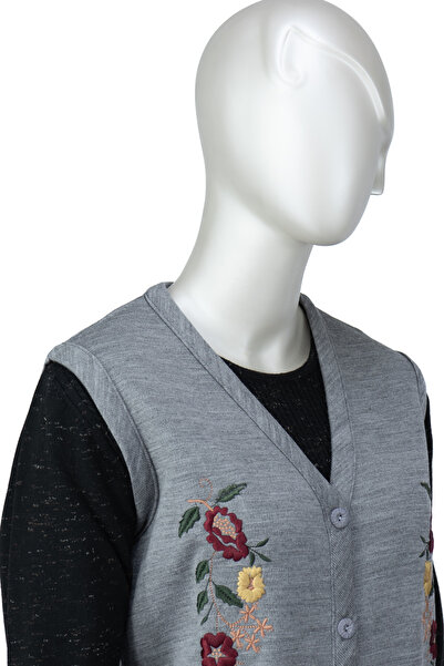 Oppland Women's V-Neck Rose Garden Embroidered Double Pocket Buttoned Full Fit Lycra Steel Knitted Mother Vest