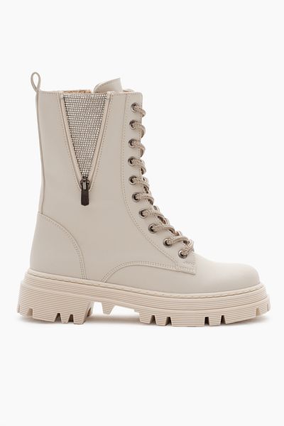 Tonny Black Beigefarbene Damenstiefel mit Thermosohle, Schnürung und Reißverschluss