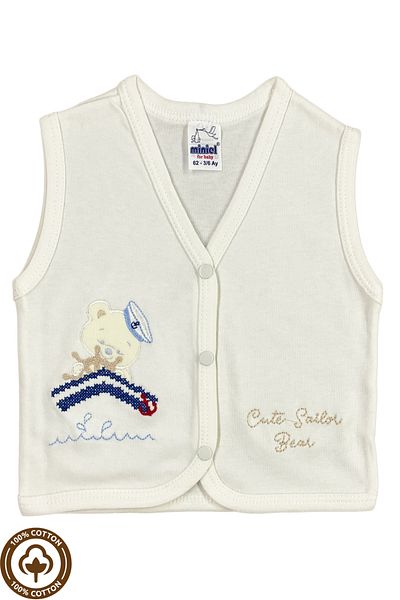 Miniel Baby Boy Captain Teddy Bear Embroidered Organic Cotton 3-6-9 Months 2-Piece Combed Cotton Baby Vest - Blue