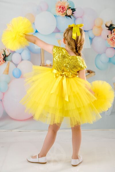 Delfini kids Kız Çocuk Tokalı Ponpon Kollu Abiye Parti Doğum Günü Elbisesi