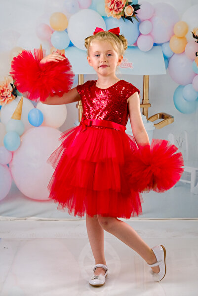 Delfini kids Kız Çocuk Tokalı Ponpon Kollu Abiye Parti Doğum Günü Elbisesi