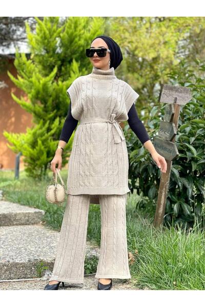 Nergis Neva Butik Neck Collar Hair Braided Belted Sweater Set
