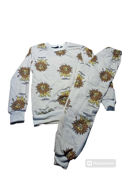Esra Butik Hane Men's Gray Teen and Children's Lion Patterned Long Sleeve Winter Warm Pajamas Set
