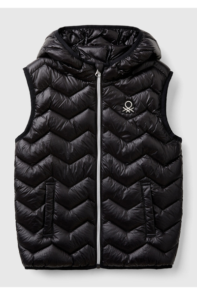 United Colors of Benetton Girl's left chest logo embroidered k Hooded puff vest with side pockets