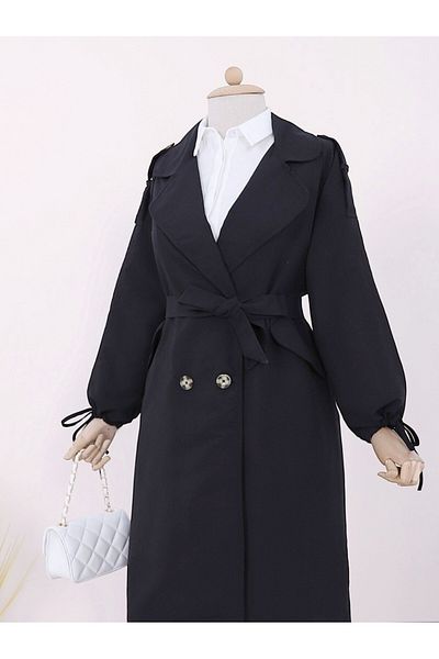 Modamorfo Schwarzer Trenchcoat mit Kappe, Taschen und Schnürung