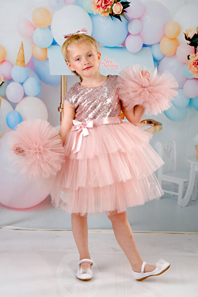 Delfini kids Kız Çocuk Tokalı Ponpon Kollu Abiye Parti Doğumgünü Elbisesi