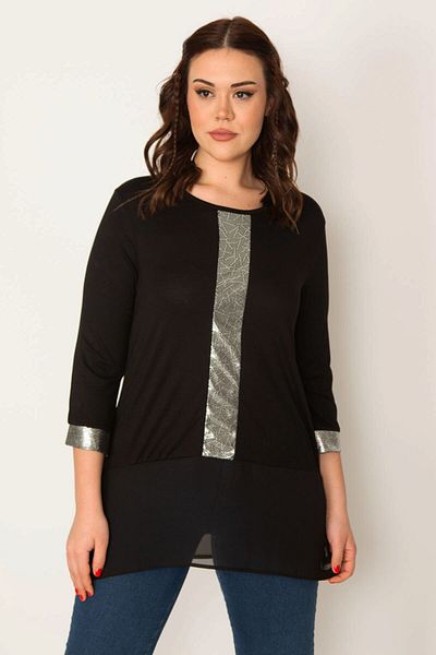 Şans Women's Large Size Black Lame Detailed Hem Chiffon Tunic 65n32079