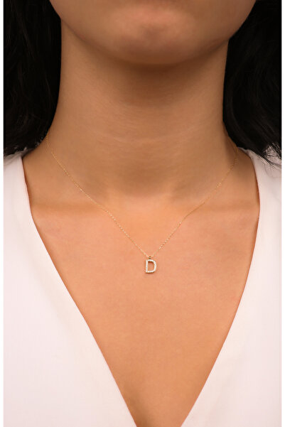 DİAMİNE PIRLANTA 14 Ayar Altın 3 Boyutlu Taşlı D Harf Kolye