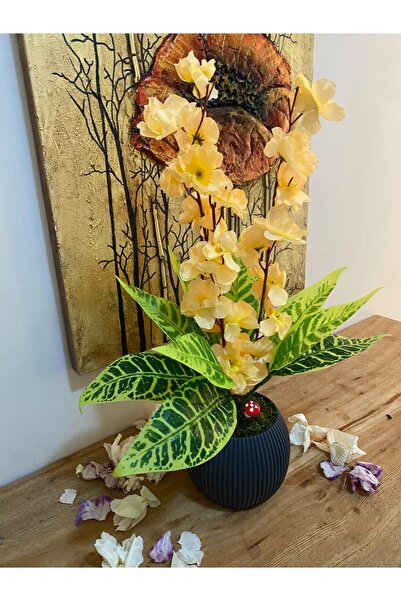 La bella bazar 40CM Saksılı Yapay Çiçek Dekoratif Masa Balkon Çiçeği Doğal Taş Yosunlu Masa Üstü Dekorasyon 40CM