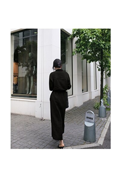 Barbora Lněné denní pohodlné šaty s dlouhým rukávem v pase s krajkou