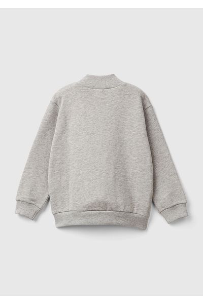 United Colors of Benetton Boy's Gray Melange Logo Printed Pocket Zippered Stand Collar Sweatshirt