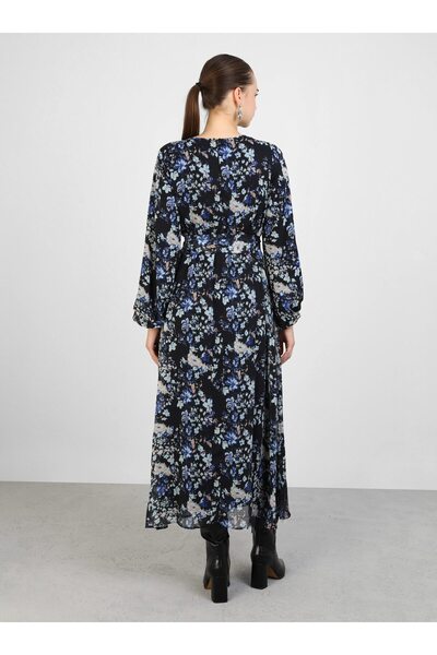 Refka Floral Patterned Balloon Sleeve Chiffon Hijab Dress - Floral Pattern - Refka