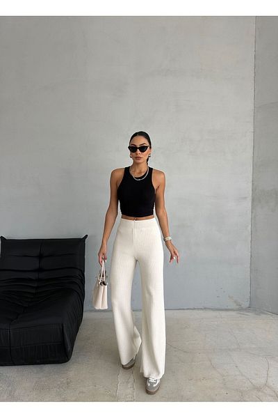 Ozy Fashion Cream Women's Knitwear Trousers - Tri001