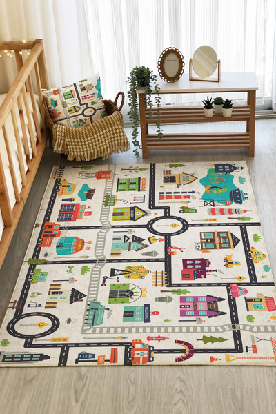 Evmila Yol Desenli Dijital Baskı Çocuk Halısı