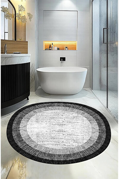 LTS HOME GRİ SİYAH BEYAZ ŞERİT DESENLİ SU EMİCİ SÜNGERLİ YUVARLAK BANYO PASPASI