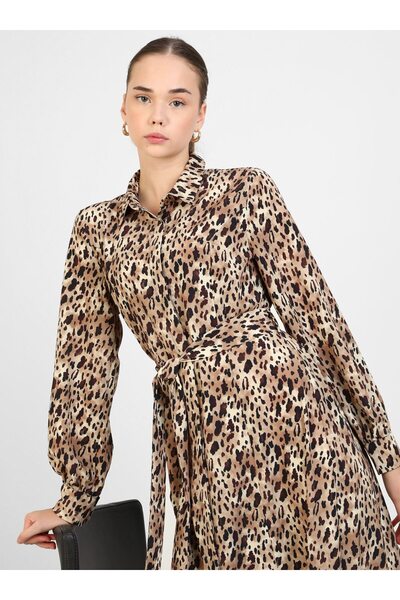 Refka Leopar Desenli Poplin Kumaş Tesettür Elbise - Leopar desenli - Refka