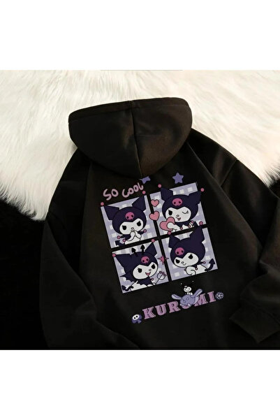 Genel Markalar Y2K Harajuku Kuromi Ön Arka Baskılı Unisex Oversize Hoodie