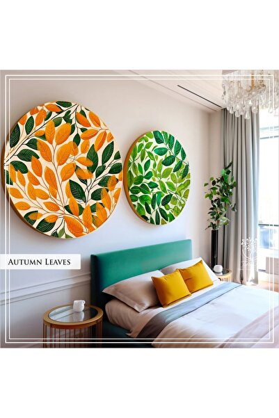 Tablomtr Metal Çerçeveli Gerçek Camlı Yuvarlak Tablo Autumn Leaves 2li Set