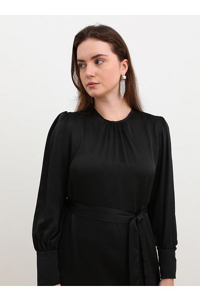 ALİA Σατέν Φόρεμα Μπαλόνι Μανίκι Plus Size - Μαύρο - Alia