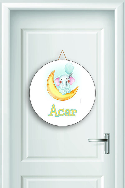 Teknograf Ornament din lemn pentru ușă pentru bebeluș cu design de lună și elefant