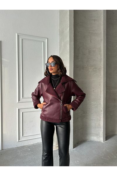 bysedaortac Women's Zippered Fur Lined Faux Leather Jacket Coat