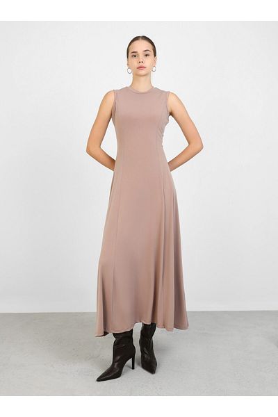 Refka Sleeveless Sandy Fabric Hijab Dress with Crew Neck - Latte - Refka