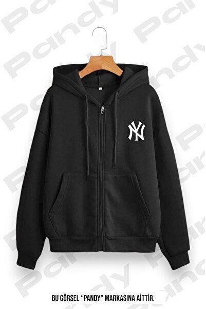 pandy NY Baskılı Unisex Kapüşonlu Kanguru Cepli Oversize Mevsimlik Fermuarlı ...