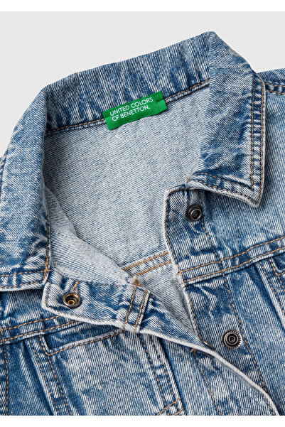 United Colors of Benetton Kız Çocuk Mavi Kolları Fırfırlı Geniş Kesim Ağartılmış Denim Yelek