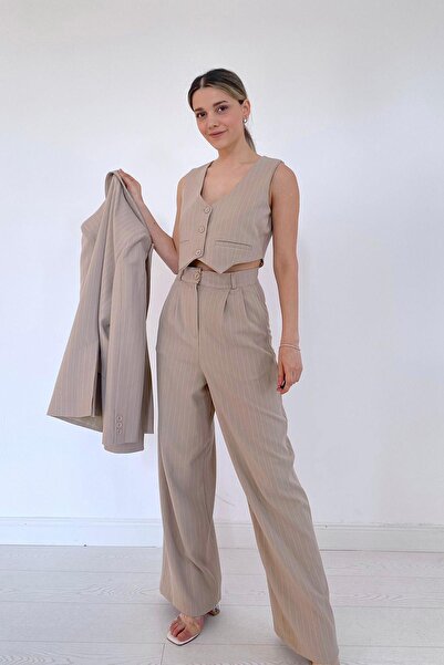 Elbee Fashion Woman Set de jachetă și vestă și pantaloni cu dungi