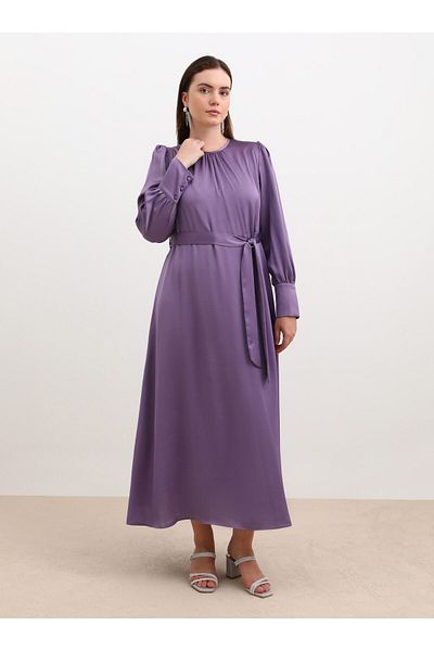 ALİA Rochie din Satin Marime Plus Maneca Balon - Mov - Alia