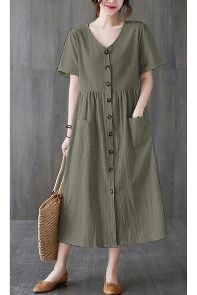 Barbora Linen Daily Comfortable V-neck Waist Gather Detailed Buttoned Dress