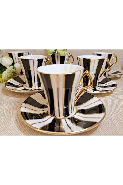BY.RAYKA PORSELEN El Dekor Elegant Lines Porcelain Hand Painted Set of 6 Coff...