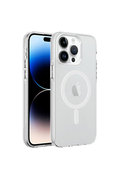 iPhone 14 Pro Max için Uyumlu Kılıf M-safe Şarj Özellikli Buzlu Transparan C-Pro Sert Kapak