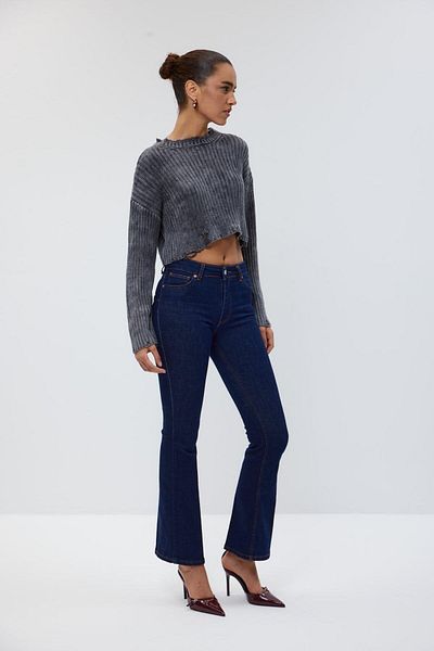 Tuba Butik High Waist Flare Dark Navy Blue Women's Jean Trousers