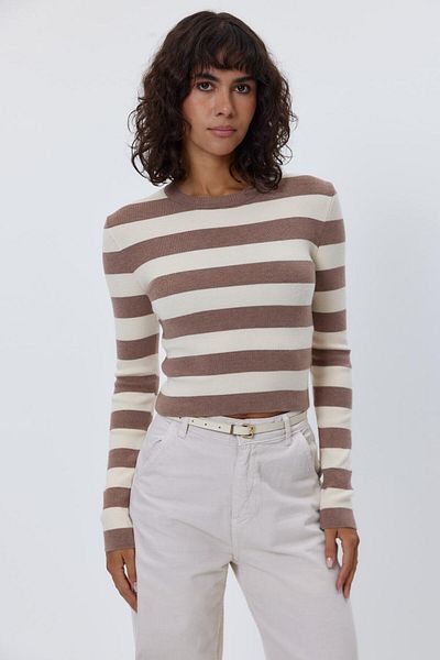 Tuba Butik Crew Neck Striped Crop Knitwear Mink Women's Sweater