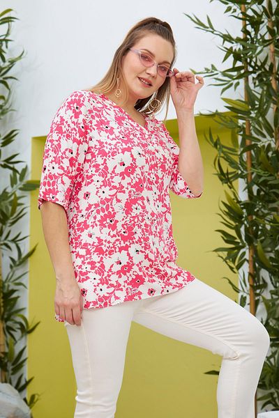 Imagine Giyim Bezexl Prevailing Collar Floral Patterned Plus Size Fuchsia Blouse