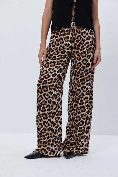 Tuba Butik Leopard Patterned Beige Brown Women's Trousers with Elastic Waist