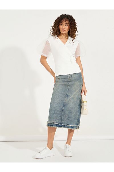 Styli Flat Knit Wrap Top with Puff Sleeves