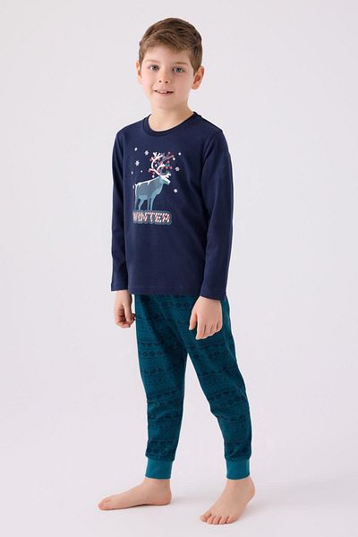 Arnetta Navy Blue Winter Men's Pajama Set - Long Sleeve, Can Be Combined with Father and Son