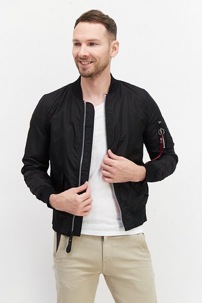 Alpha Industries جاكيت بومبر سادة للرجال، أسود
