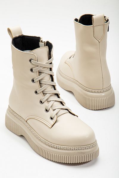 Tonny Black Women's Beige Skin Thick Thermo Sole Laced and Zippered Boots