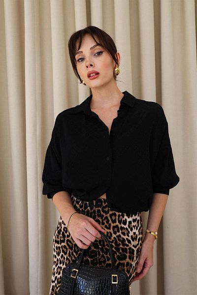 Tuba Butik Oversize Patterned Satin Black Women's Shirt