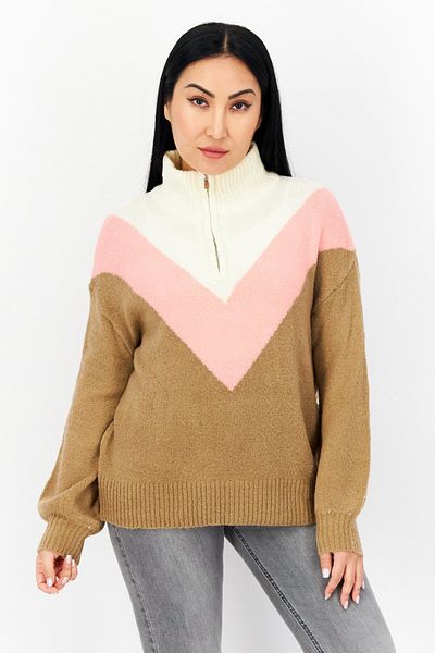 French Connection Women Mock Neck Colorblock Sweaters, Tan