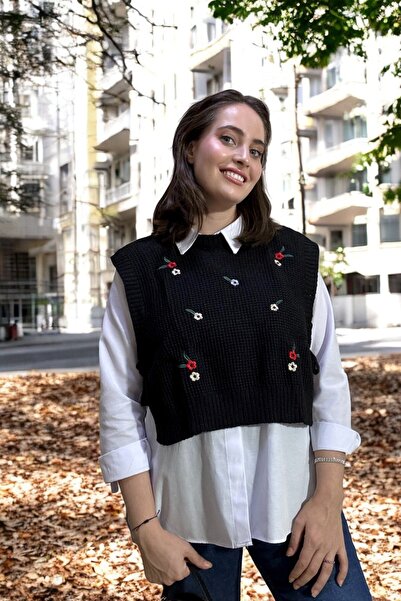 Entropy Çiçek İşlemeli Yanı Bağcıklı Triko Süveter - Siyah