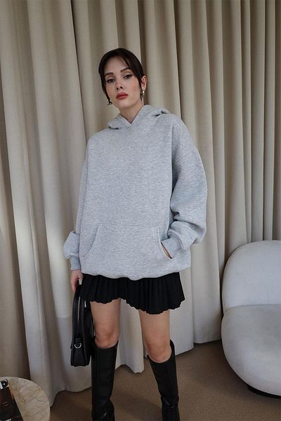 Tuba Butik Hooded Oversize Gray Women's Sweatshirt