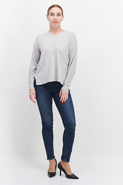 French Connection Women V-Neck Long Sleeves Knitted Sweater, Light Grey