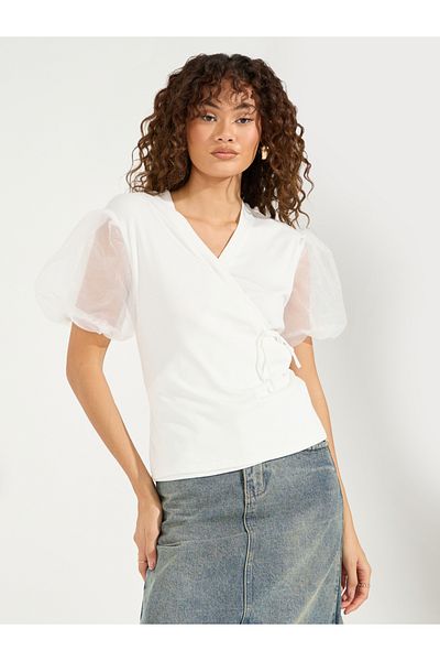 Styli Flat Knit Wrap Top with Puff Sleeves