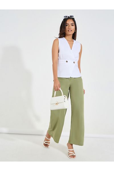 Styli Solid V Neck Wrap Top with Button Detail